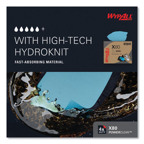 Image of WypAll® Power Clean X80 Heavy Duty Cloths, 11.1 x 16.8, Blue, 160 Wipers/Carton