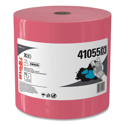 Image of WypAll® Power Clean X80 Heavy Duty Cloths, Jumbo Roll, 12.4 x 12.2, Red, 475 Wipers/Roll