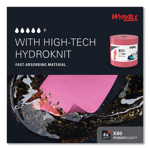 Image of WypAll® Power Clean X80 Heavy Duty Cloths, Jumbo Roll, 12.4 x 12.2, Red, 475 Wipers/Roll