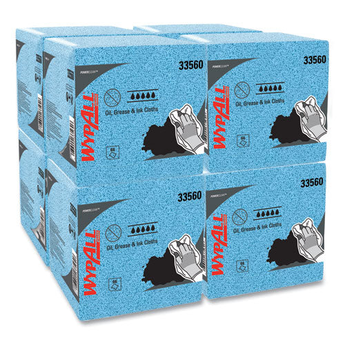 Image of WypAll® Power Clean Oil, Grease and Ink Cloths, 1/4 Fold, 12.5 x 12, Blue, 66/Box, 8 Boxes/Carton
