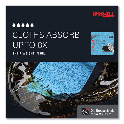 Image of WypAll® Power Clean Oil, Grease and Ink Cloths, 1/4 Fold, 12.5 x 12, Blue, 66/Box, 8 Boxes/Carton