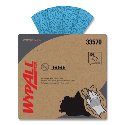 Image of WypAll® Power Clean Oil, Grease and Ink Cloths, POP-UP Box, 8.8 x 16.8, Blue, 100/Box, 5/Carton