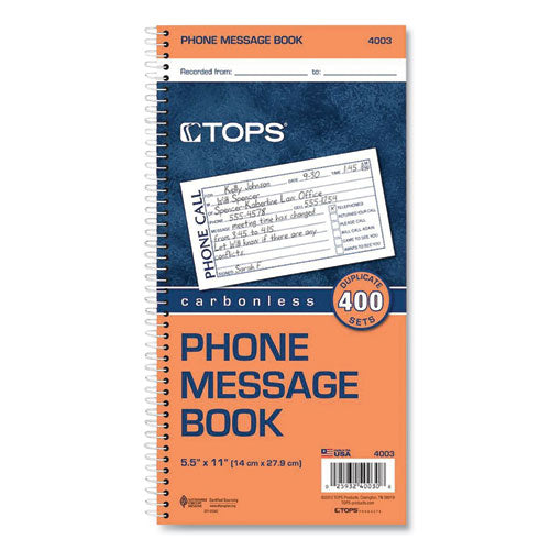 Image of TOPS Spiralbound Message Book, Two-Part Carbonless, 5 x 2.75, 4 Forms/Sheet, 400 Forms Total