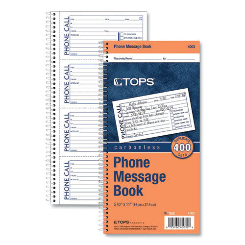 Image of TOPS Spiralbound Message Book, Two-Part Carbonless, 5 x 2.75, 4 Forms/Sheet, 400 Forms Total