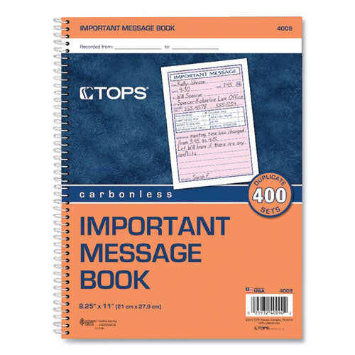 Image of TOPS Telephone Message Book with Fax/Mobile Section, Two-Part Carbonless, 3.88 x 5.5, 4 Forms/Sheet, 400 Forms Total