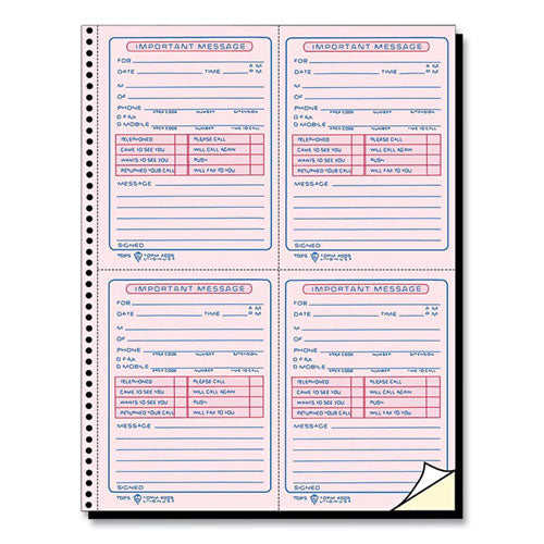 Image of TOPS Telephone Message Book with Fax/Mobile Section, Two-Part Carbonless, 3.88 x 5.5, 4 Forms/Sheet, 400 Forms Total