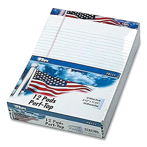 Image of TOPS American Pride Writing Pad, Wide/Legal Rule, Red/White/Blue Headband, 50 White 8.5 x 11.75 Sheets, 12 Pads/Pack