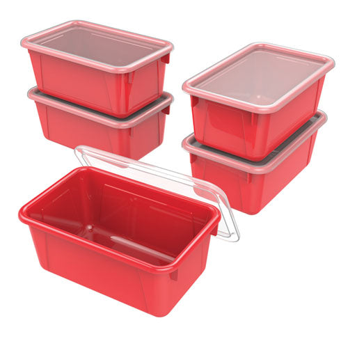 Image of Storex Cubby Bin with Lid, 12.28 x 7.95 x 5.23, Red, 5/Pack