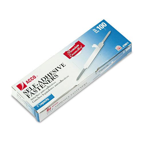 Image of ACCO Premium Self-Adhesive Two-Prong Paper Fastener Bases, 1" Capacity, 2.75" Center to Center, Silver, 100/Box