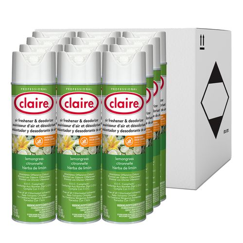 Image of Claire® Aerosol Air Freshener and Deodorizer, Lemongrass Citronella, 12 oz Aerosol Spray, 12 Cans
