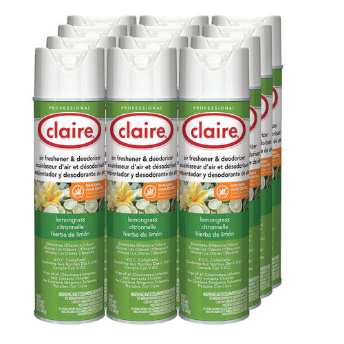 Image of Claire® Aerosol Air Freshener and Deodorizer, Lemongrass Citronella, 12 oz Aerosol Spray, 12 Cans