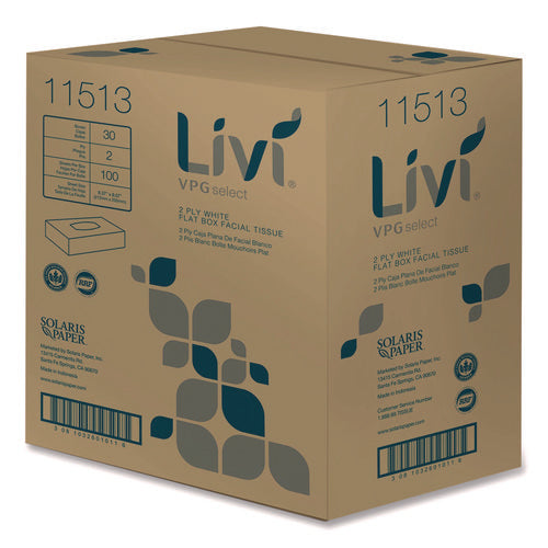 Image of Livi® VPG Select Flat Box Facial Tissue, 2-Ply, White, 100 Sheets/Box, 30 Boxes/Carton