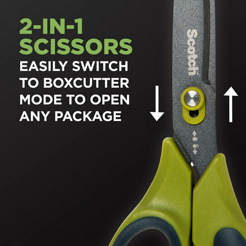 Image of Scotch Non-Stick Unboxing Scissors, 8" Long, 2.7" Cut Length, Straight Green/Black Handle