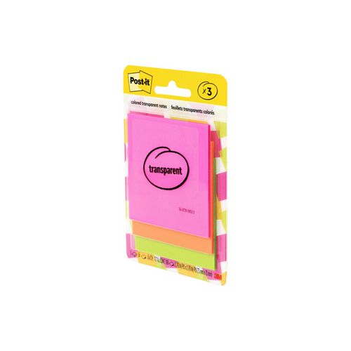 Image of Post-it® Transparent Notes, Unruled, 2.88" x 2.88", Assorted Transparent Colors, 36 Sheets/Pad, 3 Pads/Pack