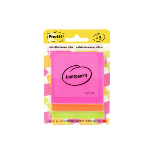 Image of Post-it® Transparent Notes, Unruled, 2.88" x 2.88", Assorted Transparent Colors, 36 Sheets/Pad, 3 Pads/Pack