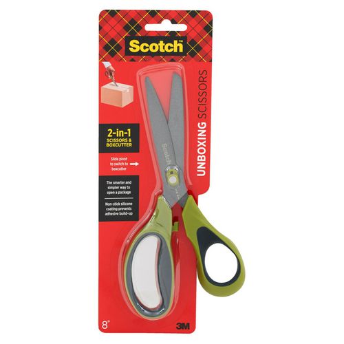 Image of Scotch Non-Stick Unboxing Scissors, 8" Long, 2.7" Cut Length, Straight Green/Black Handle