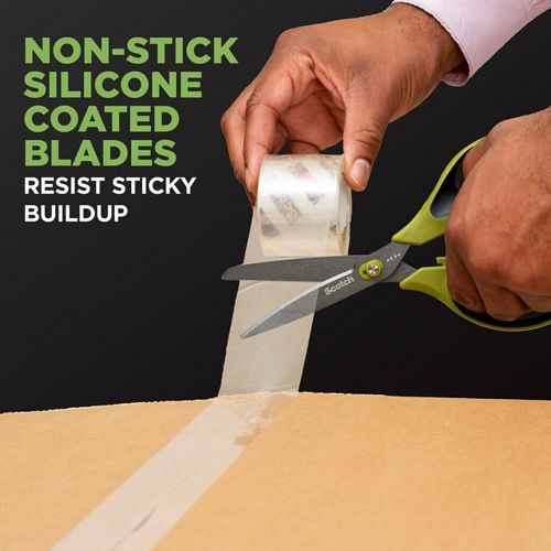 Image of Scotch Non-Stick Unboxing Scissors, 8" Long, 2.7" Cut Length, Straight Green/Black Handle