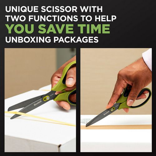Image of Scotch Non-Stick Unboxing Scissors, 8" Long, 2.7" Cut Length, Straight Green/Black Handle