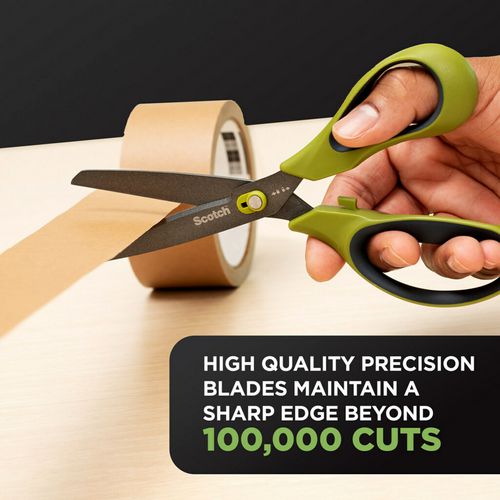 Image of Scotch Non-Stick Unboxing Scissors, 8" Long, 2.7" Cut Length, Straight Green/Black Handle