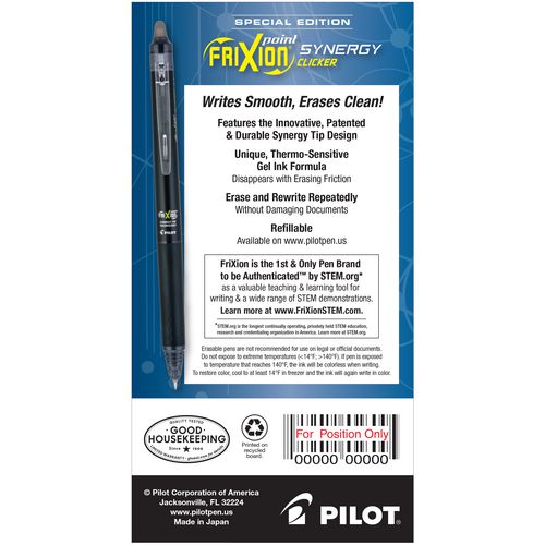 Image of Pilot® FriXion Synergy Clicker Erasable Gel Pen, Retractable, Extra-Fine 0.5 mm, Black Ink, Black/Smoke Barrel, Dozen
