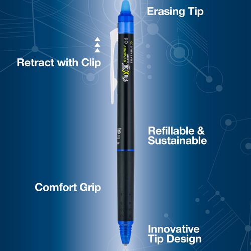 Image of Pilot® FriXion Synergy Clicker Erasable Gel Pen, Retractable, Extra-Fine 0.5 mm, Blue Ink, Black/Blue Barrel, Dozen