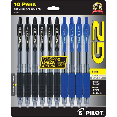 Image of Pilot® G2 Premium Gel Pen, Retractable, Fine 0.7 mm, Assorted Ink and Barrel Colors, 10/Pack