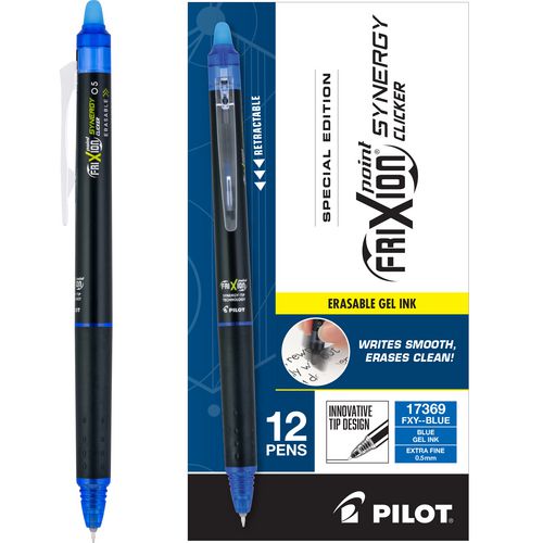Image of Pilot® FriXion Synergy Clicker Erasable Gel Pen, Retractable, Extra-Fine 0.5 mm, Blue Ink, Black/Blue Barrel, Dozen