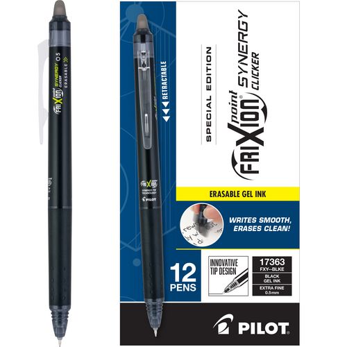 Image of Pilot® FriXion Synergy Clicker Erasable Gel Pen, Retractable, Extra-Fine 0.5 mm, Black Ink, Black/Smoke Barrel, Dozen