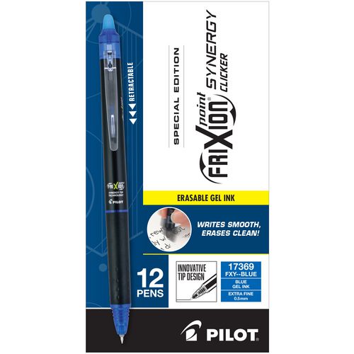 Image of Pilot® FriXion Synergy Clicker Erasable Gel Pen, Retractable, Extra-Fine 0.5 mm, Blue Ink, Black/Blue Barrel, Dozen