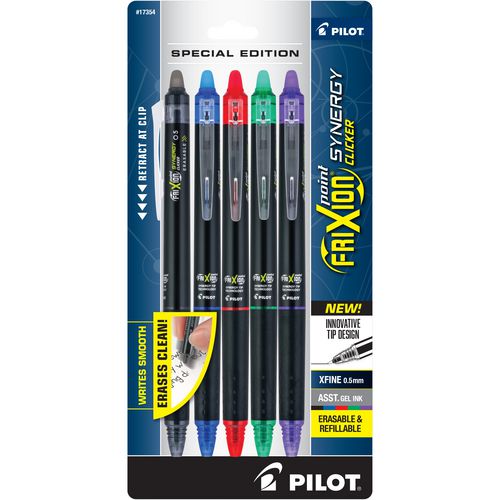 Image of Pilot® FriXion Synergy Clicker Erasable Gel Pen, Retractable, Extra-Fine 0.5 mm, Assorted Ink and Barrel Colors, 5/Pack