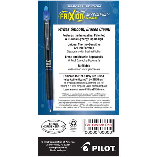 Image of Pilot® FriXion Synergy Clicker Erasable Gel Pen, Retractable, Extra-Fine 0.5 mm, Blue Ink, Black/Blue Barrel, Dozen