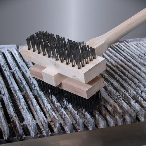 Image of Carlisle Sparta Broiler Master Grill Brush and Scraper with Handle, Metal Bristles, 48" Natural Wood Handle
