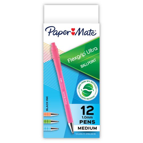 Image of Paper Mate® FlexGrip Ultra Recycled Ballpoint Pen, Retractable, Medium 1 mm, Black Ink, Assorted Barrel Colors, Dozen