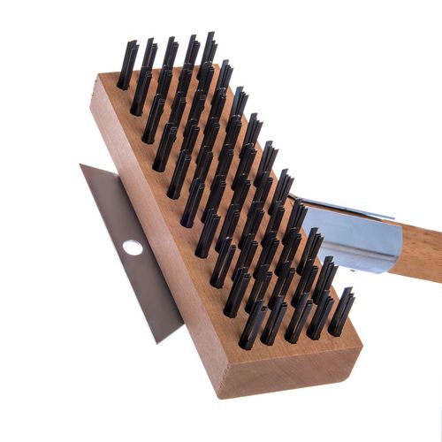 Image of Carlisle Sparta Broiler Master Grill Brush and Scraper with Handle, Metal Bristles, 30", Natural Wood Handle