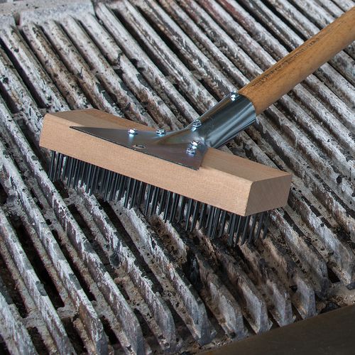 Image of Carlisle Sparta Broiler Master Grill Brush and Scraper with Handle, Metal Bristles, 30", Natural Wood Handle