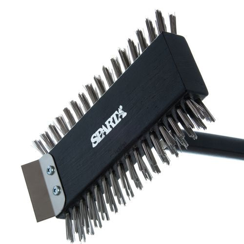 Image of Carlisle Sparta Broiler Master Grill Brush and Scraper with Handle, Metal Bristles, 30.5" Black Wood Handle