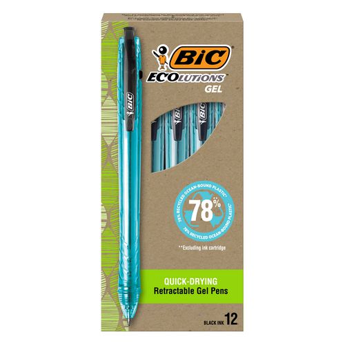 Image of BIC® Ecolutions Gel Pen, Retractable, Medium 1 mm, Black Ink, Blue Barrel, Dozen