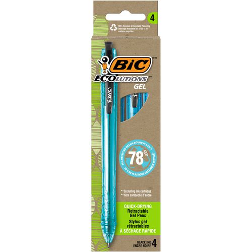 Image of BIC® Ecolutions Gel Pen, Retractable, Medium 1 mm, Black Ink, Blue Barrel, 4/Pack