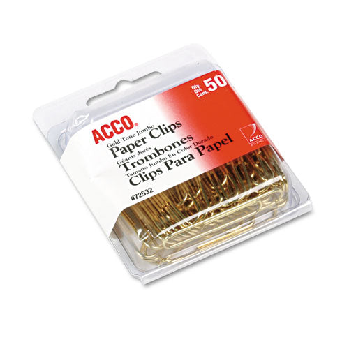 Image of ACCO Gold Tone Paper Clips, Jumbo, Smooth, Gold, 50/Box