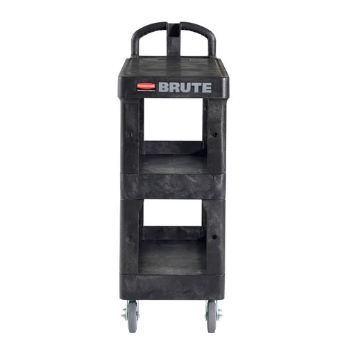 Image of Rubbermaid® Commercial BRUTE 3-Shelf Heavy-Duty Ergo Flat Utility Cart, Resin, 3 Shelves, 600 lb Capacity, 25.24" x 48.63" x 46.18", Black