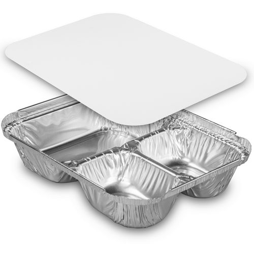 Image of HFA® Three-Compartment Oblong Food Container, 24 oz, 6.38 x 1.47 x 8, Silver, Aluminum, 500/Carton