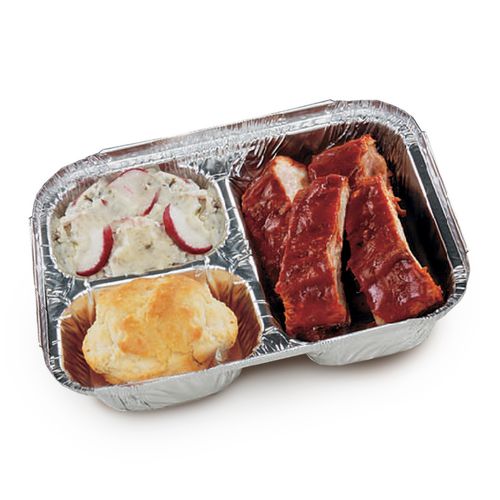 Image of HFA® Three-Compartment Oblong Food Container, 24 oz, 6.38 x 1.47 x 8, Silver, Aluminum, 500/Carton