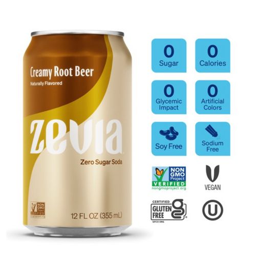 Image of Zevia® Zero Sugar Naturally Sweetened Soda, Creamy Root Beer, 12 oz Can, 12/Carton