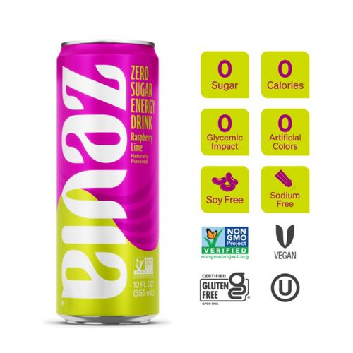 Image of Zevia® Zero Sugar Naturally Sweetened Energy Drink, Raspberry Lime, 12 oz Can, 12/Carton