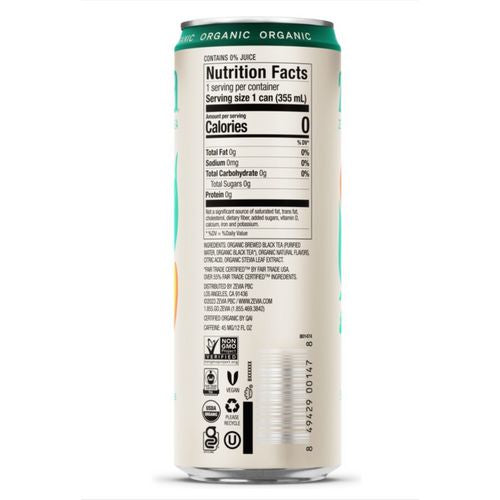 Image of Zevia® Zero Sugar Naturally Sweetened Black Tea, Peach Black Tea, 12 oz Can, 12/Carton