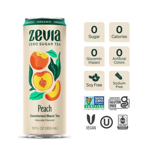 Image of Zevia® Zero Sugar Naturally Sweetened Black Tea, Peach Black Tea, 12 oz Can, 12/Carton