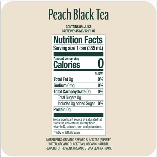 Image of Zevia® Zero Sugar Naturally Sweetened Black Tea, Peach Black Tea, 12 oz Can, 12/Carton