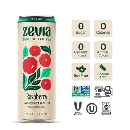 Image of Zevia® Zero Sugar Naturally Sweetened Black Tea, Raspberry Black Tea, 12 oz can, 12/Carton