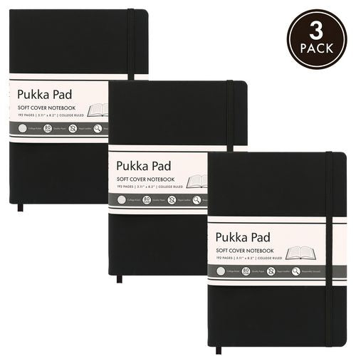 Image of PUKKA PAD® Soft Cover Notebook, College Rule, Black Cover, (96) 8.2 x 5.11 Sheets, 3/Pack