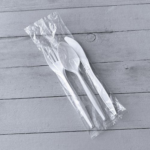 Image of Boardwalk® Three-Piece Cutlery Kit, Mediumweight, Fork/Knife/Spoon, 6.97", Plastic, White, 250/Carton